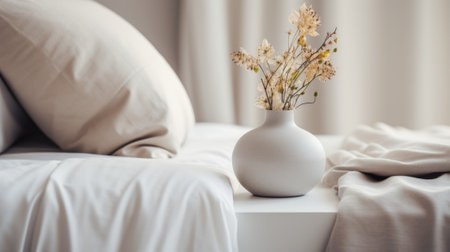 A white vase with dried flowers sitting on a bed, AIの素材