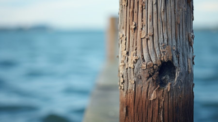 Wooden post with a hole in it by the water, AIの素材