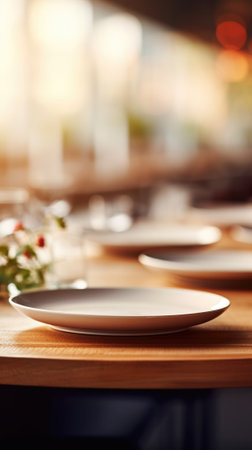 Empty white plates on a table in a restaurant, AIの素材