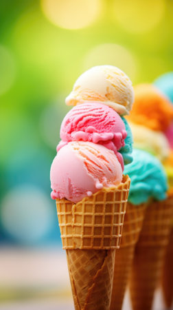 Colorful ice cream cones on a table with a blurred background, AIの素材