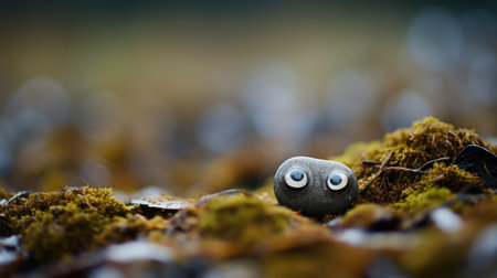 A rock with googly eyes sitting in the grass, AI. Pareidolia.の素材