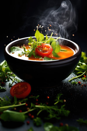 A bowl of soup with tomatoes and herbs on a black background, AIの素材