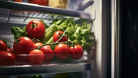 A refrigerator with tomatoes and other vegetables inside, AIの素材