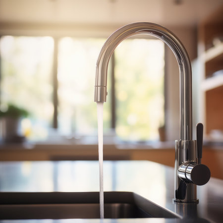 A kitchen sink with a faucet running water, AIの素材