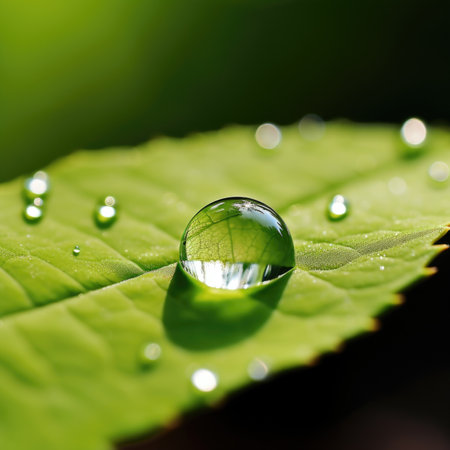 A drop of water sits on a leaf, AIの素材