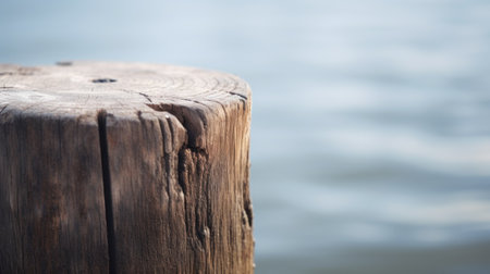 A wooden post with a hole in it by the water, AIの素材
