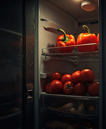A refrigerator with a bunch of peppers and tomatoes, AIの素材