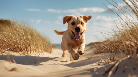 A dog running on the beach with sand in its mouth, AIの素材