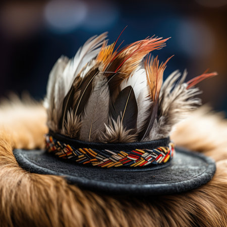 A hat with feathers on it is sitting on a fur, AIの素材