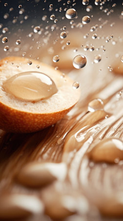 A slice of an almond is covered in water drops, AIの素材