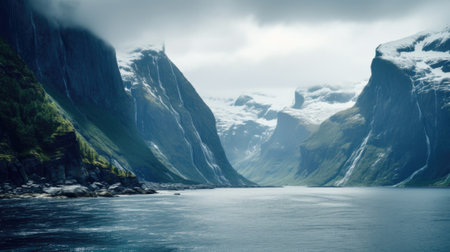 A body of water surrounded by mountains and water, AIの素材