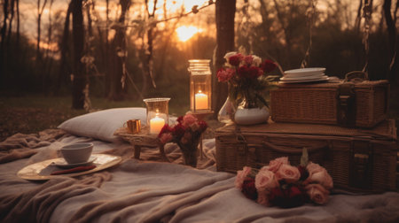 A picnic in the woods with a basket, flowers and candles, AIの素材