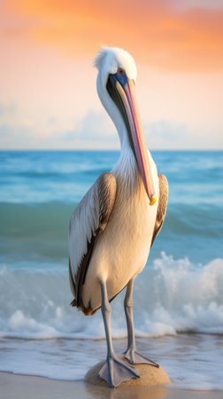 A pelican standing on the beach with a sunset in the background, AIの素材
