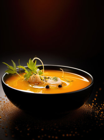 A bowl of pumpkin soup with a garnish of herbs, AIの素材