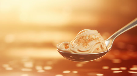 A spoon full of melting ice cream on a table, AIの素材
