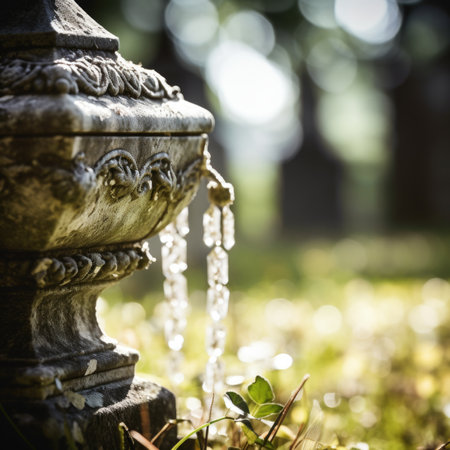 A close up of a stone urn with water dripping from it, AIの素材