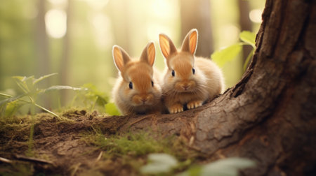 Two cute rabbits sitting on a tree trunk in the woods, AIの素材