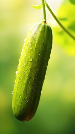 A cucumber hanging on a vine with water droplets, AIの素材