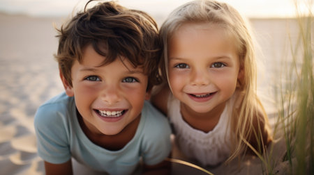 Two young children are smiling in the sand, AIの素材