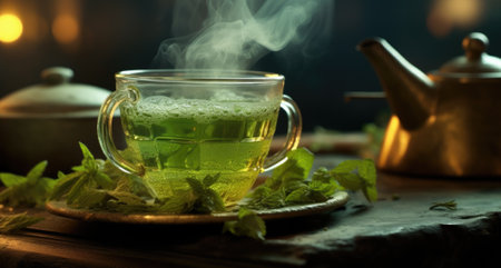 A glass of Moroccan green tea with steam rising from it, AIの素材