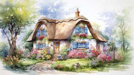 Watercolor painting of a cottage with flowers, AIの素材