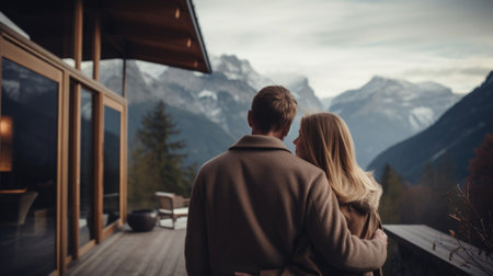 Couple standing on deck overlooking mountains, AIの素材