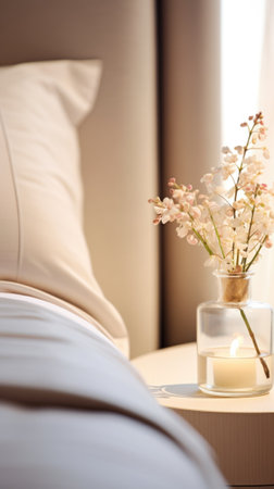 A vase with white flowers on a bed, AIの素材