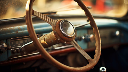 A steering wheel and dashboard of an old car, AIの素材