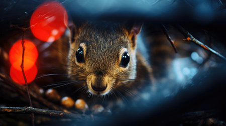 A squirrel is looking at the camera with red lights, AIの素材