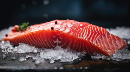Salmon on ice with a sprig of rosemary, AIの素材