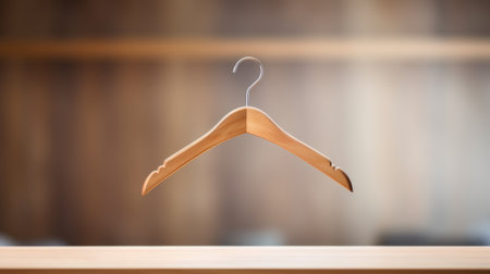 Wooden hanger on a wooden table with blurred background, AIの素材