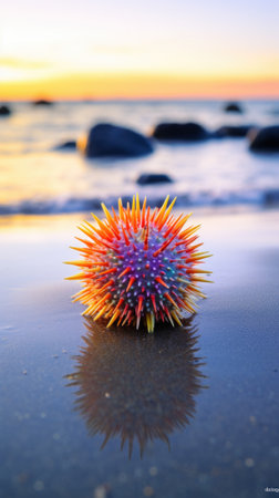 A colorful sea urchin on the beach, AIの素材