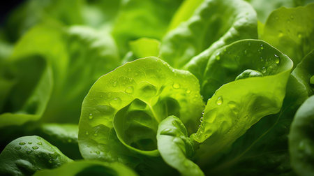 A close up of lettuce leaves with water droplets, AIの素材