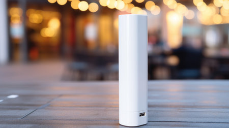 A white portable charger on a table in a restaurant, AIの素材