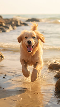 A dog running on the beach, AIの素材