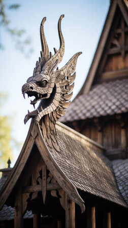 A dragon head on top of a wooden roof, AIの素材