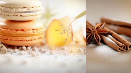 Two images of macarons and cinnamon, AIの素材