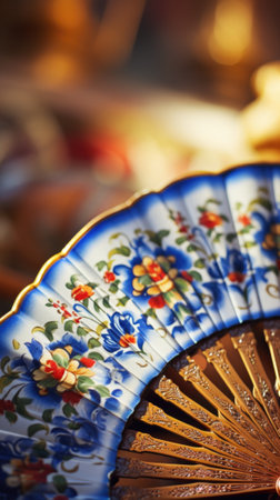 A close up of a fan with a blue and red design, AIの素材