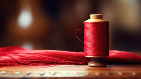 A spool of red thread on a wooden table, AIの素材