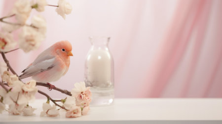 A pink and white bird sits on a branch with flowers, AIの素材