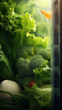 A close up of vegetables and vegetables in a refrigerator, AIの素材