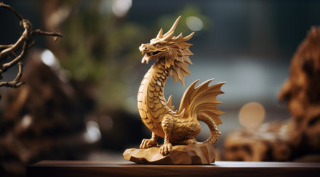 A wooden dragon statue on a table, AIの素材