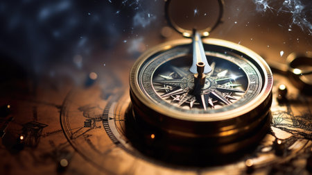 An old gold compass is on top of a map, AIの素材