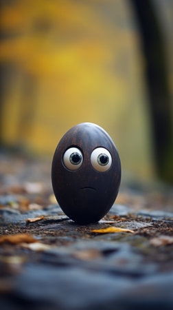 A black ball with eyes sitting on the ground, AI. Pareidolia.の素材