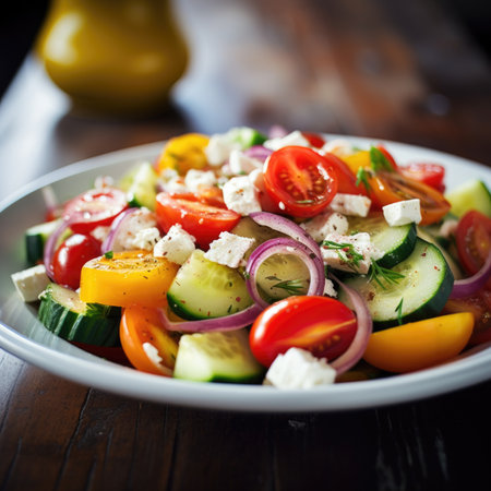 A plate of salad with cucumbers, tomatoes, onions, and feta cheese, AIの素材