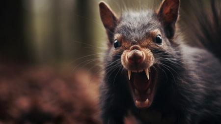 A close up of a black squirrel with its mouth open, AIの素材