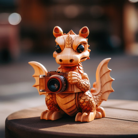 A wooden dragon holding a camera, AIの素材