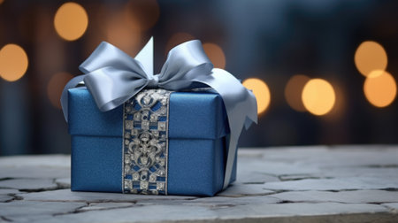Blue gift box with silver ribbon on stone, AIの素材