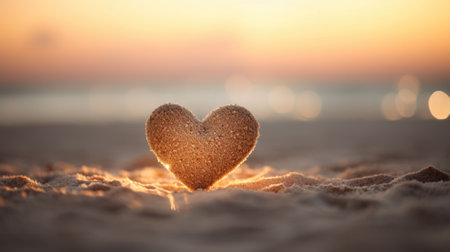 A heart shaped object on the beach at sunset, AIの素材