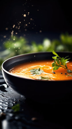 A bowl of soup with fresh herbs and spices, AIの素材